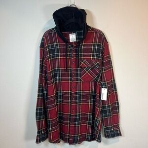 Sonoma Goods For Life Hooded Flannel Shirt Black Red Plaid Button Up NEW Mens XL